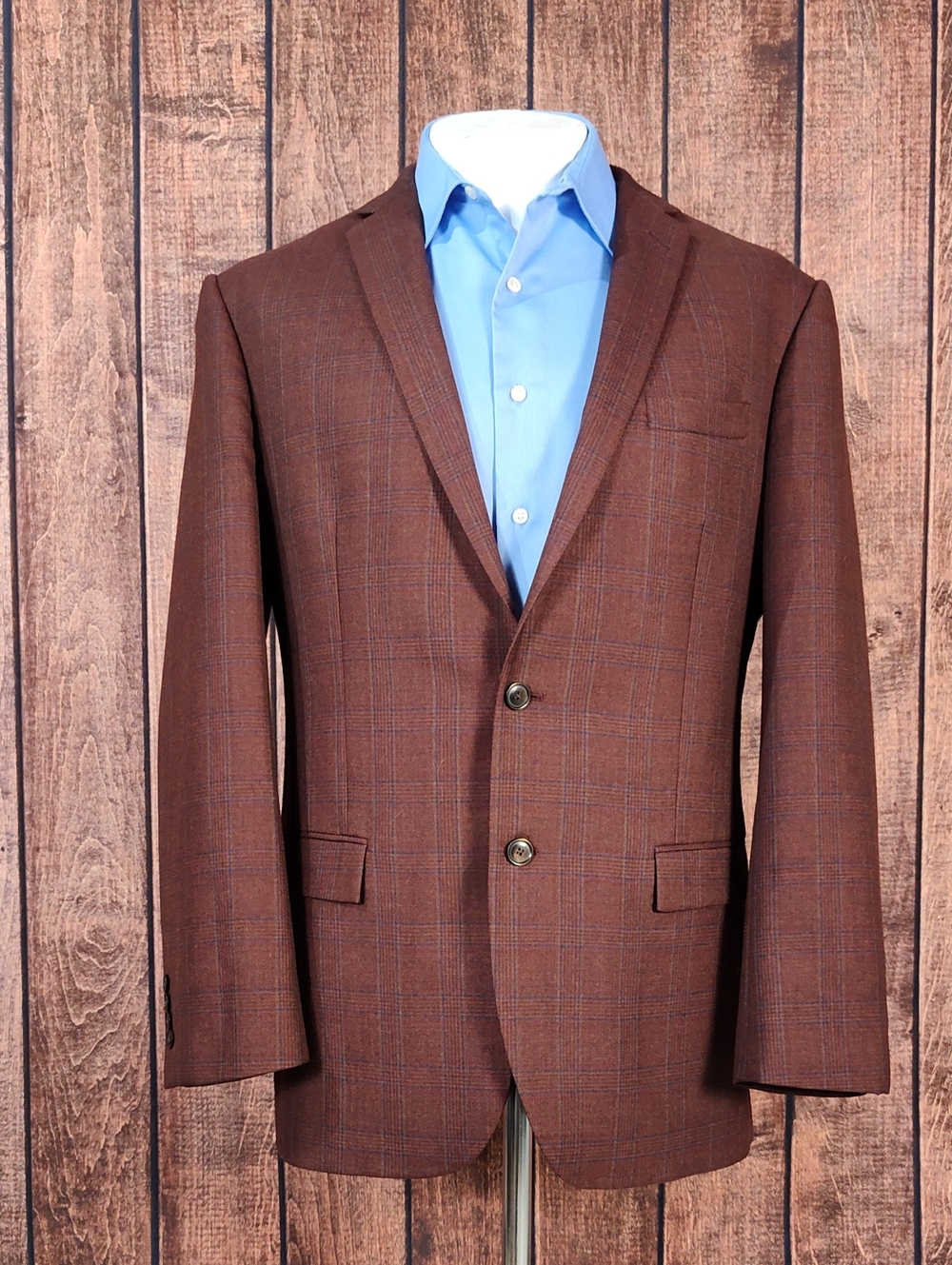Egara Wool Burgundy Blue Window Pane Plaid Mens Slim Fit Modern Blazer "44L"